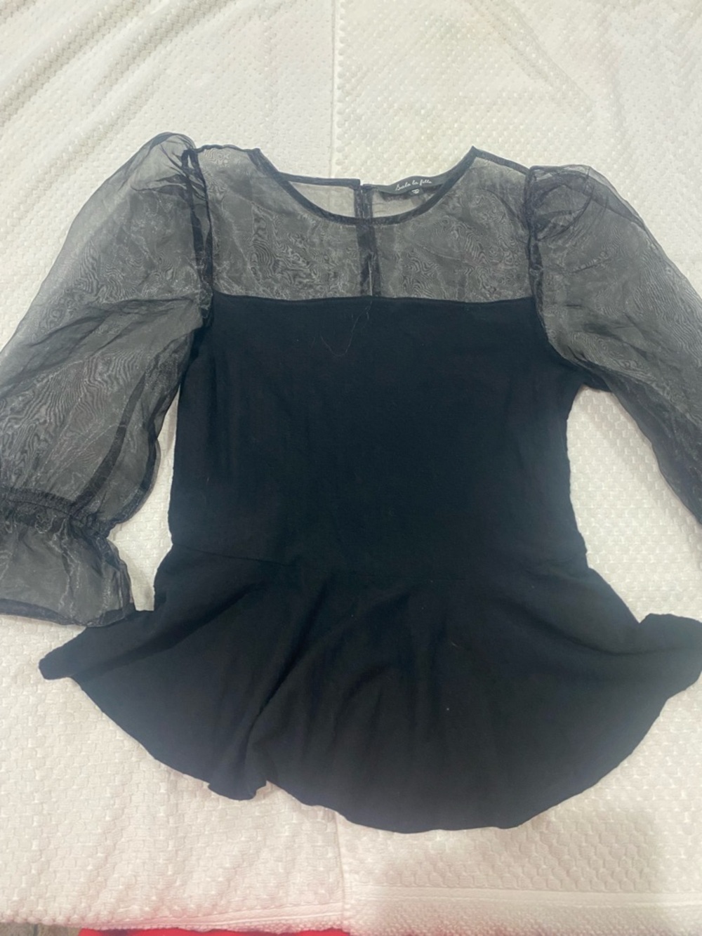 Black Peplum Blouse with Sheer Puff Sleeves